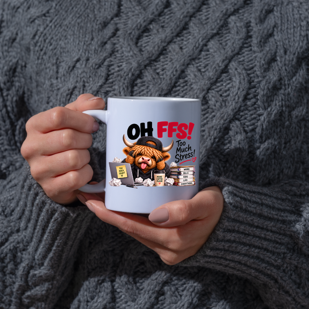 Highland Cow Workplace Stress Mug "OH FFS! Too Much Stress!" Oh Ffs! Too Much Stress! 325ml Ceramic Coffee Mug – Cute Highland Cow at Laptop Desk with Paper Stack, Sticky Notes & Coffee Cup | Funny Office & Work Gift | Fast Dispatch by UK Seller (M3381)