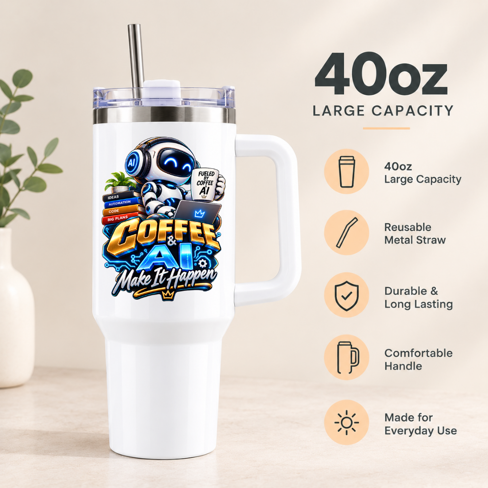 Funny Tech Travel Tumbler "COFFEE & AI Make It Happen" Graphic 40oz Stainless Steel Insulated Travel Mug with Handle & Straw – Robot with Laptop, Mug & Stacked Books Novelty Gift for Coders & Office | Fast Dispatch by UK Seller (T3051)