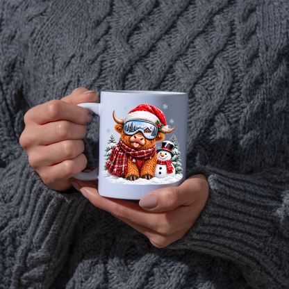 Christmas Mug "Winter Snowman Ski Goggles Highland Cow" Winter Snowman Highland Cow 325ml Ceramic Coffee Mug – Cute Christmas Ski Goggles Tea Cup With Santa Hat Snowman Graphic Gift | Available in Multicolours | Fast Dispatch by UK Seller (M3174)