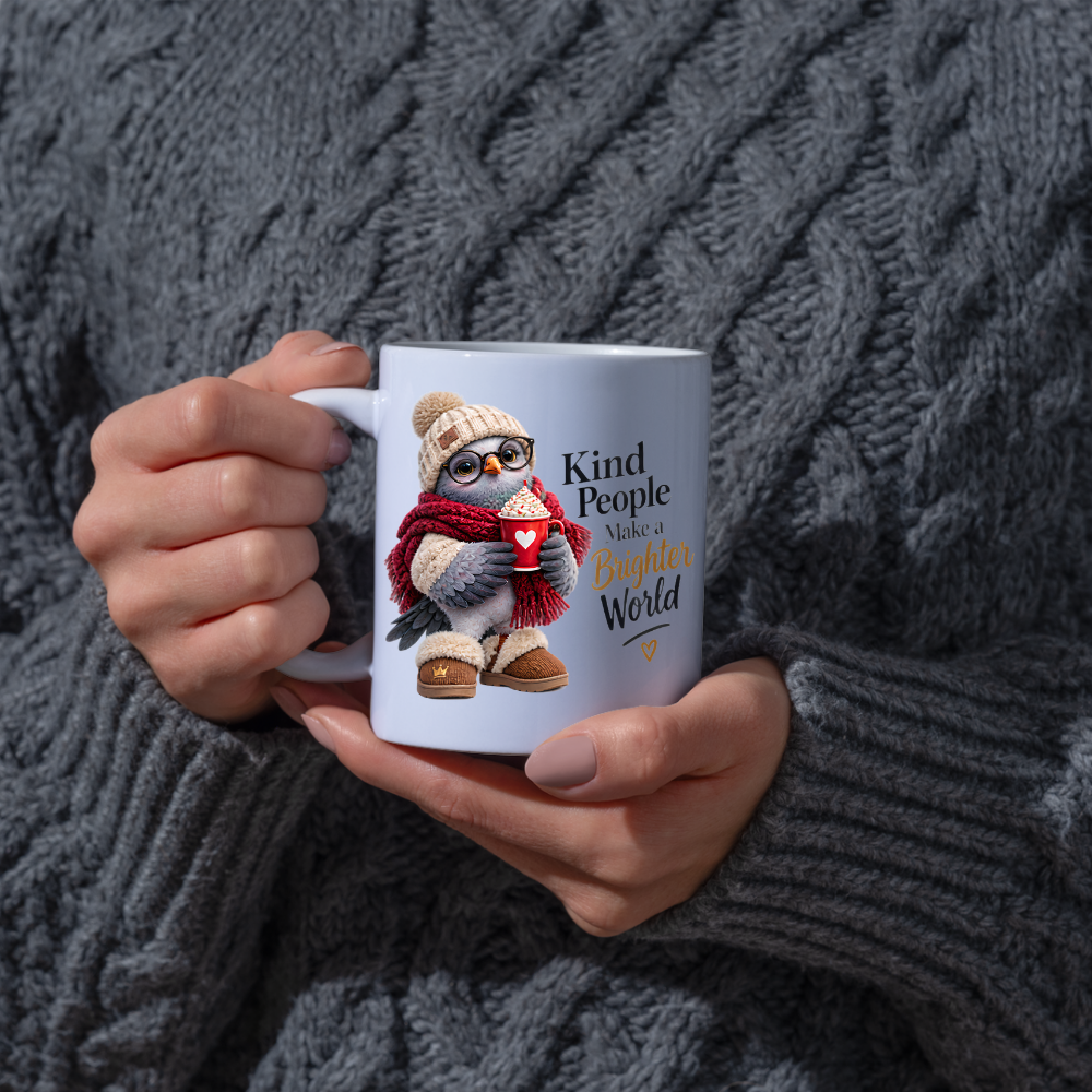 Inspirational Mug "Kind People Make a Brighter World Cozy Bird" 325ml Ceramic Coffee Mug – Cute Cozy Bird In Beanie Glasses Scarf Boots Hot Cocoa Gift For Friends Family | Available in Multicolours | Fast Dispatch by UK Seller (M3238)