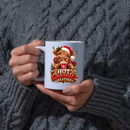 Christmas Mug "Hot Chocolate Weather" Hot Chocolate Weather 325ml Ceramic Coffee Mug – Cute Highland Cow Santa Mug with Gingerbread & Marshmallows | Festive Holiday Christmas Gift | Fast Dispatch by UK Seller (M3335)