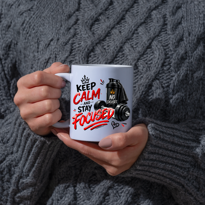 Fitness Mug "Keep Calm And Stay Focused" 325ml Ceramic Coffee Tea Cup – Gym, Dumbbells, Shaker Bottle & Slogan Novelty Gift for Fitness Lovers, Workout Fans, Birthday – Fast Dispatch by UK Seller (M3507)