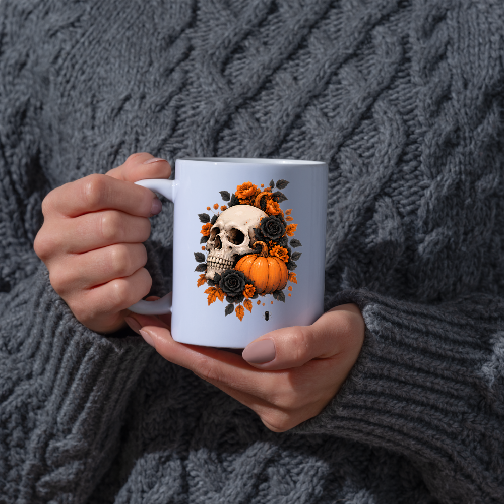 Halloween Mug "Floral Skull & Orange Pumpkin" Floral Skull and Orange Pumpkin 325ml Ceramic Coffee Mug – Gothic Halloween Autumn Tea Cup With Detailed Human Skull Roses Spider Graphic Gift | Available in Multicolours | Fast Dispatch by UK Seller (M3226)