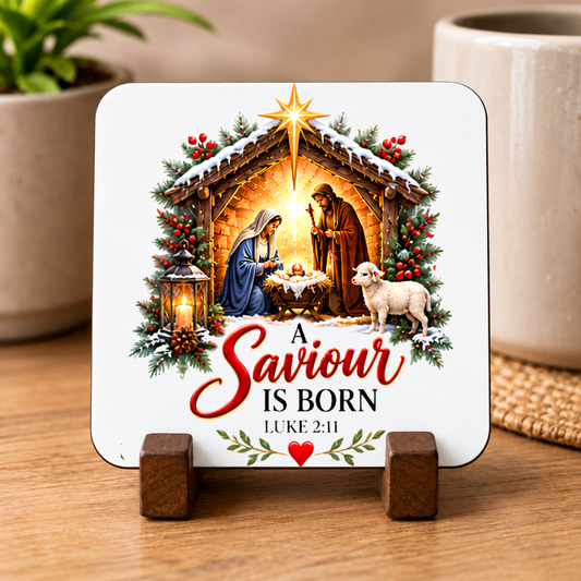 Christmas Nativity Hardboard Coaster "A Saviour Is Born" Graphic 9cm x 9cm Square Drinks Coaster Holy Family Manger Scene with Star of Bet