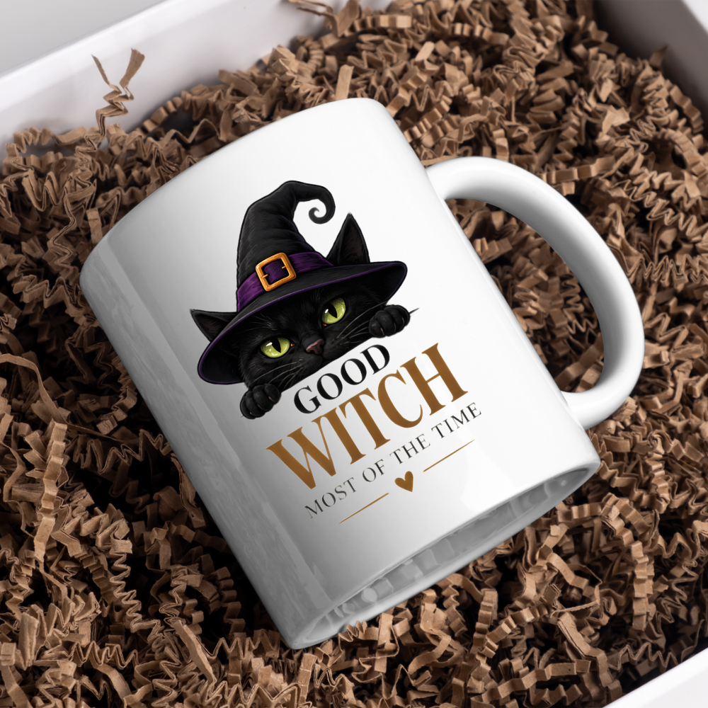 Halloween Mug "GOOD WITCH MOST OF THE TIME" Black Cat 325ml Ceramic Coffee Mug Peeking Black Cat Tea Cup with Purple Witch Hat & Heart Graphic Gift | Available in Multicolours | Fast Dispatch by UK Seller (M3079)