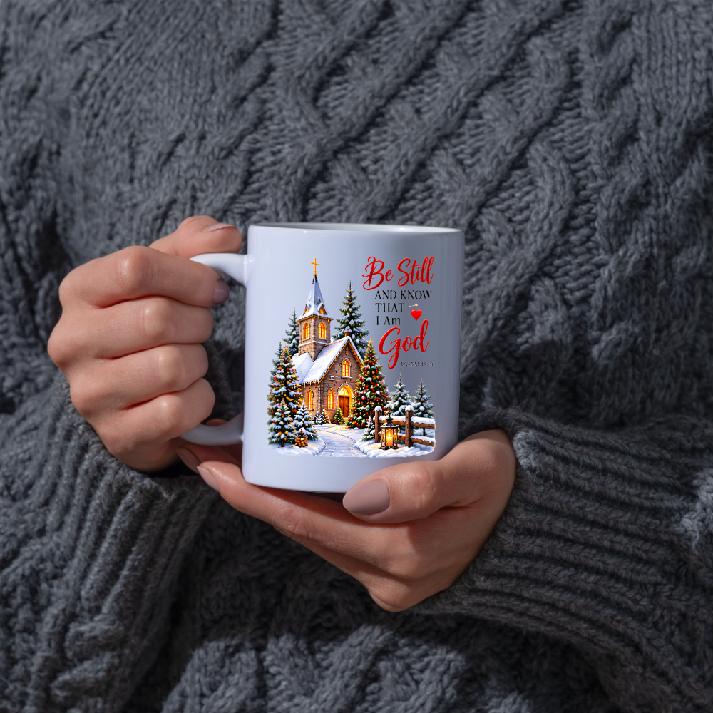 Religious Christmas Mug "Be Still And Know That I Am God" Church Be Still And Know That I Am God 325ml Ceramic Coffee Mug – Church Scripture Mug with Psalm 46:10, Decorated Trees & Lantern | Religious Holiday Gift | Fast Dispatch by UK Seller (M3355)
