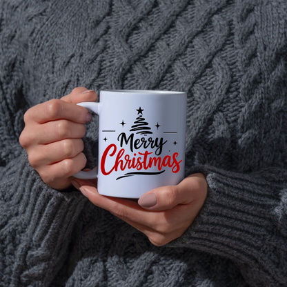 Minimalist Christmas Tree Mug "Merry Christmas" Merry Christmas 325ml Ceramic Coffee Mug – Minimalist Typography Slogan with Black Abstract Christmas Tree, Star Topper & Sparkling Stars | Holiday Gift | Fast Dispatch by UK Seller (M3432)