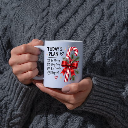 Christmas Candy Cane Checklist Mug "Today's Plan Be Merry Stay Cosy" Today's Plan Be Merry Stay Cosy 325ml Ceramic Coffee Mug – Festive Candy Cane with Red Ribbon & Check-list Artwork | Holiday Gift | Fast Dispatch by UK Seller (M3399)