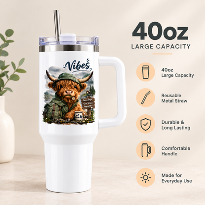 Cute Highland Cow Travel Tumbler "Vibes Rainy Days Good Views Happy Moo" Graphic 40oz Stainless Steel Insulated Travel Mug with Handle & Straw – Hiking Calf in Rain Hat & Jacket Novelty Travel Cup | Fast Dispatch by UK Seller (T3015)