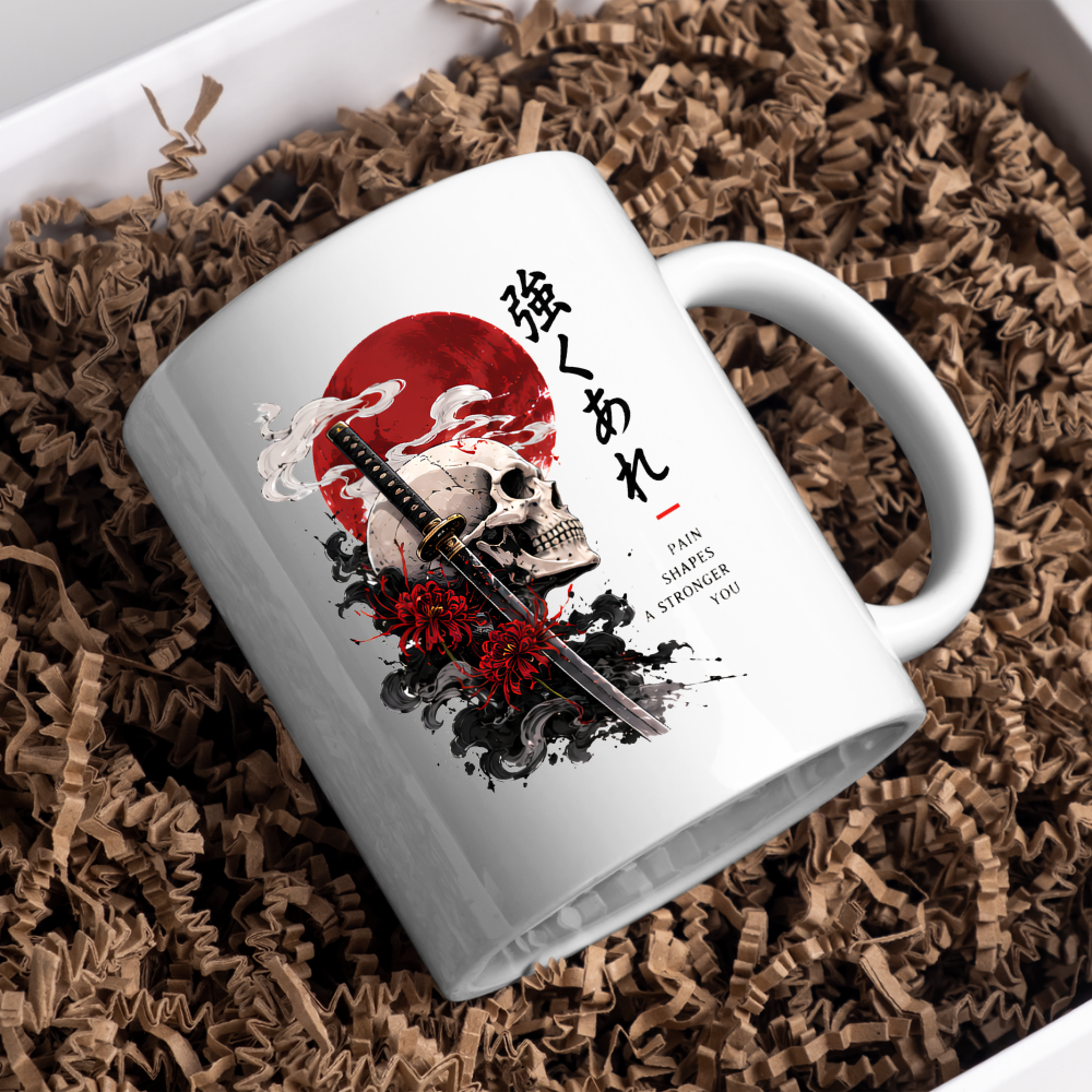 Inspirational Japanese Samurai Skull Mug "PAIN SHAPES A Stronger You" Katana & Red Sun 325ml Ceramic Coffee Mug – Aesthetic Resilience Tea Cup With Kanji Spider Lily Graphic Gift | Available in Multicolours | Fast Dispatch by UK Seller (M3047)