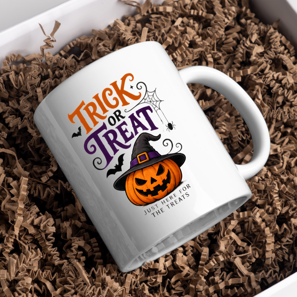 Halloween Mug "TRICK OR Treat Just Here For The Treats" Jack-o'-lantern 325ml Ceramic Coffee Mug – Festive Pumpkin Tea Cup with Witch Hat Spider Web Graphic Gift | Available in Multicolours | Fast Dispatch by UK Seller (M3071)