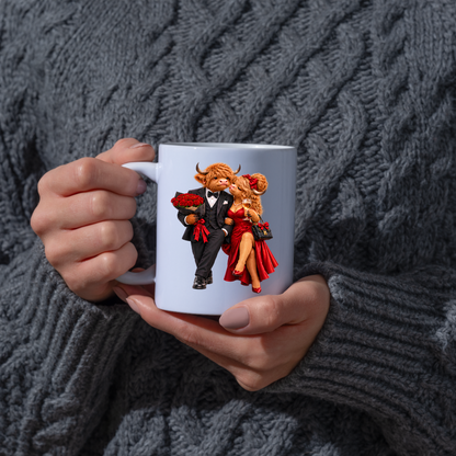 Romantic Mug "Romantic Highland Cow Couple Date Night" Romantic Highland Cow Couple 325ml Ceramic Coffee Mug – Elegant Evening Date Tea Cup With Black Tuxedo Red Evening Gown Graphic Gift | Available in Multicolours | Fast Dispatch by UK Seller (M3192)