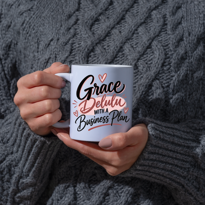 Personalized Name Mug "Grace Delulu With A Business Plan" Grace Delulu With A Business Plan 325ml Ceramic Coffee Mug – Custom Name Typography Slogan with Pink Brushstroke & Hearts | Funny Gift | Fast Dispatch by UK Seller (M3410)