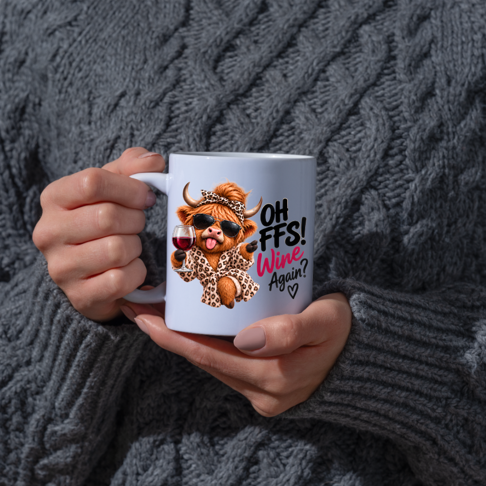 Highland Cow Wine Lover Mug "Oh FFS! Wine Again?" Oh FFS! Wine Again? 325ml Ceramic Coffee Mug – Cute Highland Cow in Leopard Bathrobe, Bow & Sunglasses holding Red Wine Glass | Funny Gift | Fast Dispatch by UK Seller (M3389)