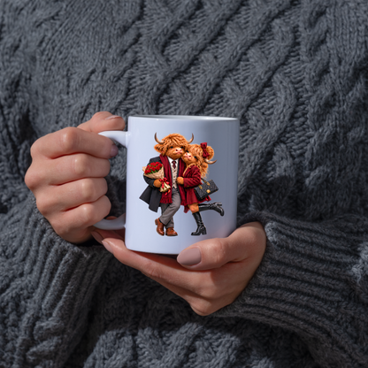 Romantic Mug "Red Roses Highland Cow Couple" 325ml Ceramic Mug – Romantic Highland Cow Couple in Red Coat, Bow & Suit Holding Red Roses Designer Bag Anniversary Valentines Gift For Couples | Available in Multicolours | Fast Dispatch by UK Seller (M3263)