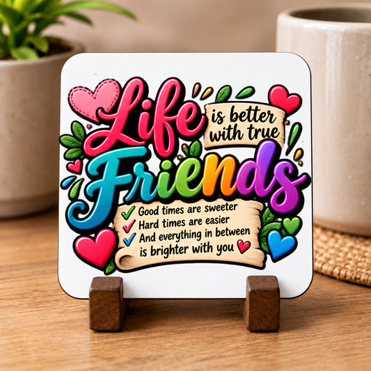 Best Friends Coaster "Life Is Better With True Friends Good Times Are Sweeter Hard times Are Easier And Everything in Between Is Brighter With You" Graphic Hardboard 9x9cm Drinks Mat – Colorful Quotes Tableware Gift | Fast Dispatch by UK Seller (C3071)