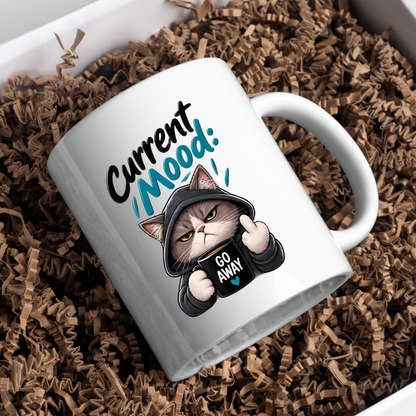 Sarcastic Mug "CURRENT MOOD: GO AWAY" Hooded Cat 325ml Ceramic Coffee Mug Novelty Grumpy Cat Tea Cup with Middle Finger & "GO AWAY" Mug Graphic Gift | Available in Multicolours | Fast Dispatch by UK Seller (M3087)