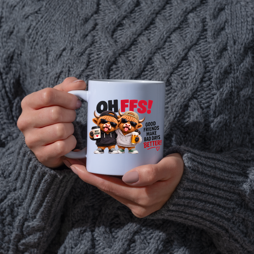 Best Friends Highland Cows Mug "OH FFS! Good Friends Make Bad Days Better!" Oh Ffs! Good Friends Make Bad Days Better! 325ml Ceramic Coffee Mug – Cute Highland Cows in Hoodies & Caps with Cup & Mug | Funny Bestie Gift | Fast Dispatch by UK Seller (M3371)