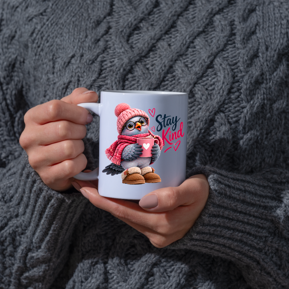 Inspirational Mug "Stay Kind Cozy Bird" Stay Kind 325ml Ceramic Coffee Mug – Cute Cozy Pink Bird in Beanie, Glasses, Scarf & Boots with Hot Cocoa Heartwarming Gift For Friends Family | Available in Multicolours | Fast Dispatch by UK Seller (M3244)