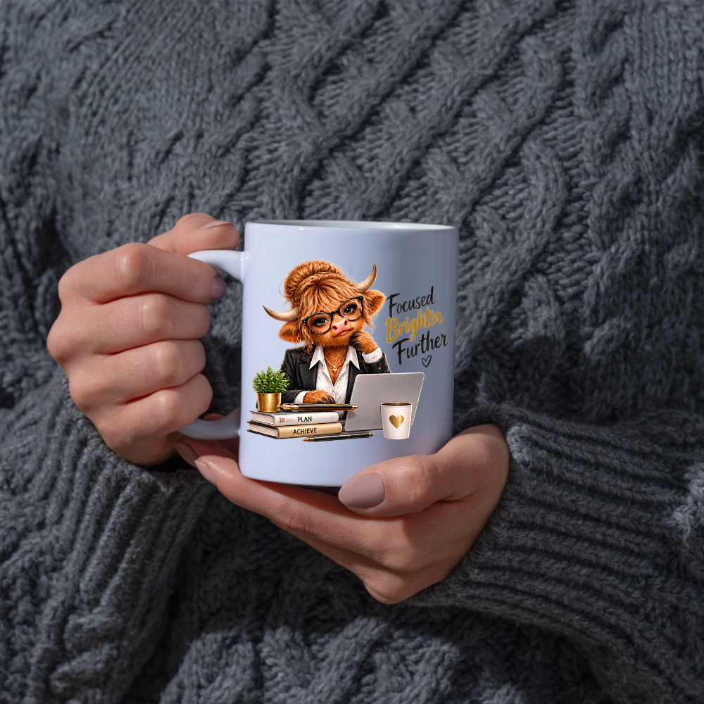 Highland Cow Mug "Focused Brighter Further Highland Cow" 325ml Ceramic Coffee Mug – Smart Highland Cow in Blazer Glasses At Laptop Desk With Plan Achieve Books Office Gift | Available in Multicolours | Fast Dispatch by UK Seller (M3281)
