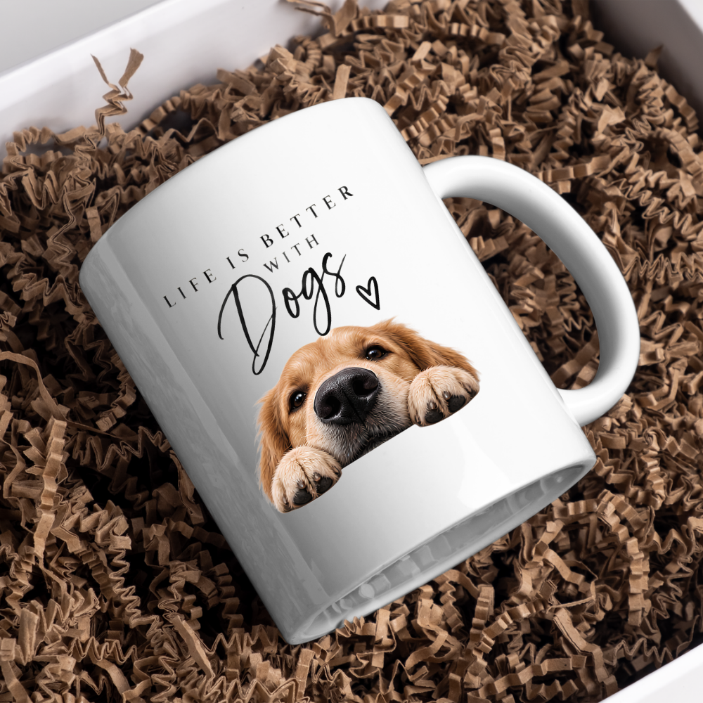 Dog Lover Mug "LIFE IS BETTER WITH Dogs" Golden Retriever 325ml Ceramic Coffee Mug Cute Puppy Tea Cup with Peeking Dog & Paw Graphic Gift | Available in Multicolours | Fast Dispatch by UK Seller (M3009)
