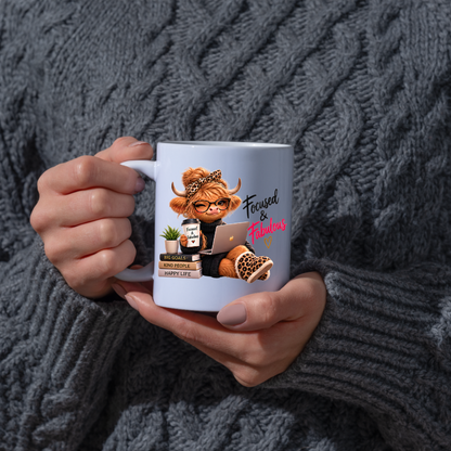 Motivation Mug "Focused & Fabulous Highland Cow" Focused and Fabulous Highland Cow 325ml Ceramic Coffee Mug – Chic Office Desk Tea Cup with Laptop Leopard Slippers Coffee Graphic Gift | Available in Multicolours | Fast Dispatch by UK Seller (M3198)