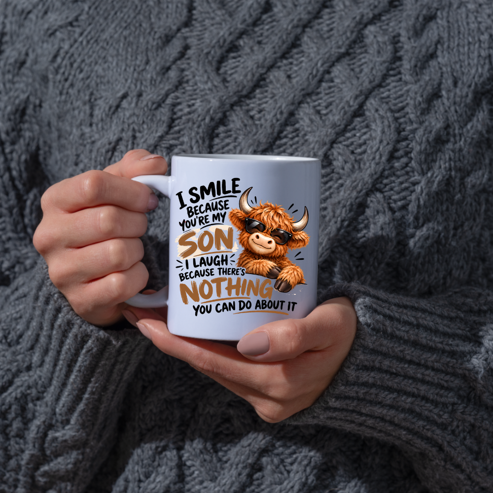 Cool Highland Cow Mug "I Smile Because You're My Son" I Laugh Because There's Nothing You Can Do About It 325ml Ceramic Coffee Mug – Cool Highland Cow in Sunglasses | Funny Father's Day & Birthday Gift for Son | Fast Dispatch by UK Seller (M3459)