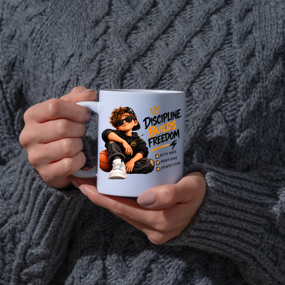 Motivational Mug "Discipline Builds Freedom" 325ml Ceramic Coffee Tea Cup – Cool Boy Graphic, Basketball, Habits & Goals Slogan Novelty Gift for Teens, Men, Birthday – Fast Dispatch by UK Seller (M3501)