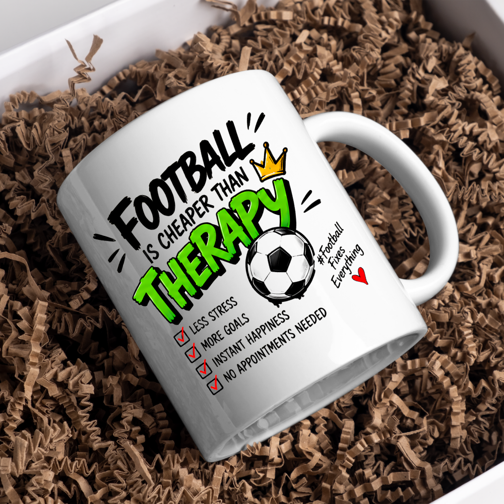 Football Mug "FOOTBALL IS CHEAPER THAN THERAPY" Crown Football 325ml Ceramic Coffee Mug Sporty Therapy Checklist Tea Cup with "#FootballFixesEverything" Graphic Gift | Available in Multicolours | Fast Dispatch by UK Seller (M3095)