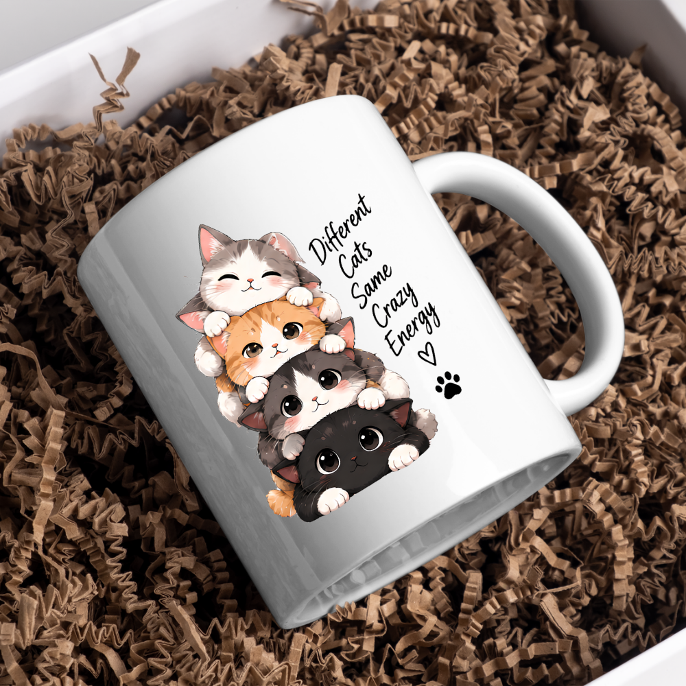 Funny Cat Mug "Different Cats Same Crazy Energy" Stacked Kittens 325ml Ceramic Coffee Mug Cute Cat Lover Tea Cup with Cute Kitten Stack & Paw Print Graphic Gift | Available in Multicolours | Fast Dispatch by UK Seller (M3027)
