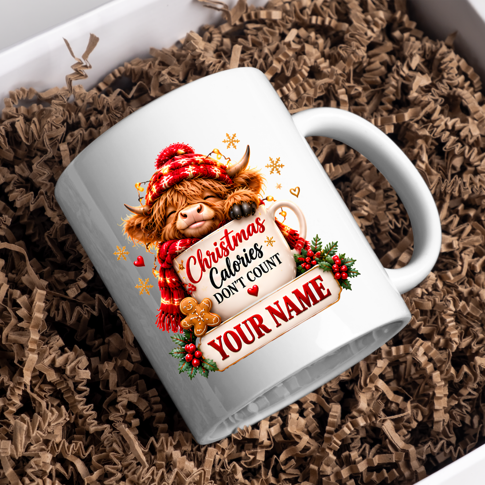 Personalised Christmas Mug "Christmas Calories Don't Count" 325ml Ceramic Coffee Tea Cup – Santa Hat Highland Cow, Gingerbread Man, Custom Name & Funny Holiday Slogan Novelty Gift for Bestie, Women, Holiday – Fast Dispatch by UK Seller (M3519)