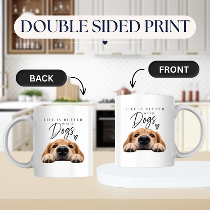 Dog Lover Mug "LIFE IS BETTER WITH Dogs" Golden Retriever 325ml Ceramic Coffee Mug Cute Puppy Tea Cup with Peeking Dog & Paw Graphic Gift | Available in Multicolours | Fast Dispatch by UK Seller (M3009)