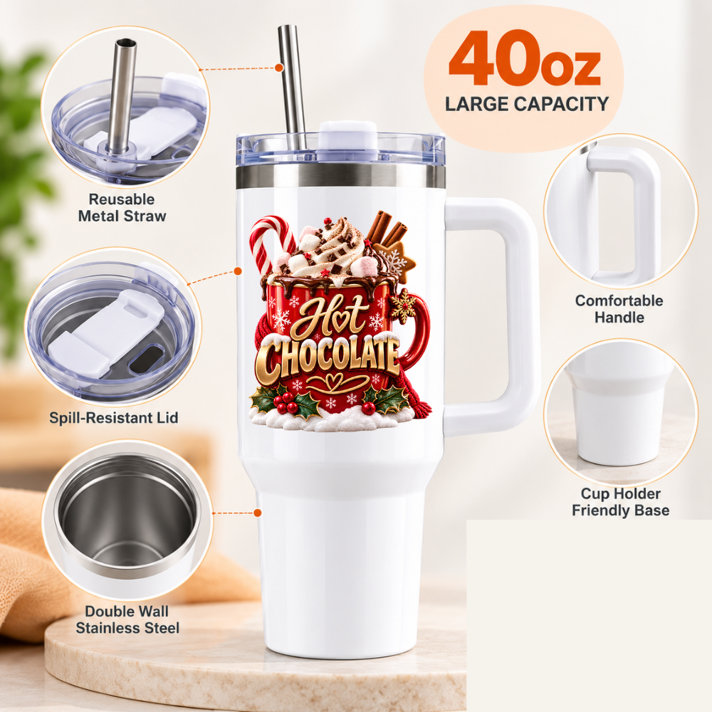 Festive Christmas Travel Tumbler "Hot Chocolate" Graphic 40oz Stainless Steel Insulated Travel Mug with Handle & Straw – Whipped Cream Mug, Candy Cane, Marshmallows & Cinnamon Sticks Festive Gift | Fast Dispatch by UK Seller (T3067)