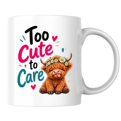 Sassy Mug "Too Cute to Care" Highland Cow 325ml Ceramic Coffee Mug Cute Animal Tea Cup with Daisy Flower Crown & Cheeky Calf Gift | Available in Multicolours | Fast Dispatch by UK Seller (M1285)