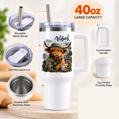 Cute Highland Cow Travel Tumbler "Vibes Rainy Days Good Views Happy Moo" Graphic 40oz Stainless Steel Insulated Travel Mug with Handle & Straw – Hiking Calf in Rain Hat & Jacket Novelty Travel Cup | Fast Dispatch by UK Seller (T3015)