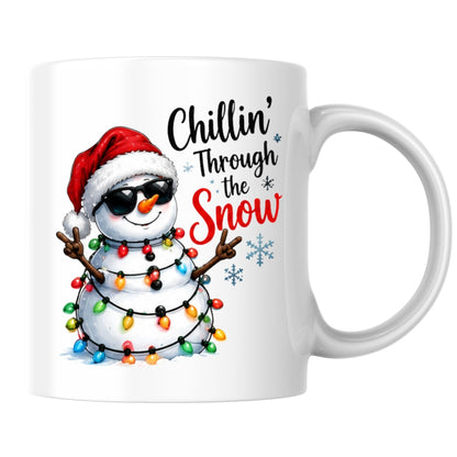 Cool Mug "Chillin' Through the Snow" Snowman 325ml Ceramic Coffee Mug  Funny Winter Holiday Tea Cup with Sunglasses & Christmas Lights Gift | Available in Multicolours | Fast Dispatch by UK Seller (M1248)