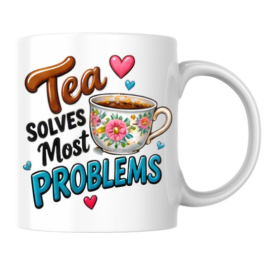 Humorous Mug "Tea Solves Most Problems" 325ml Ceramic Coffee Mug – Funny British Cuppa Tea Cup with Vintage Floral Teacup & Hearts Graphic Gift | Available in Multicolours | Fast Dispatch by UK Seller (M1314)