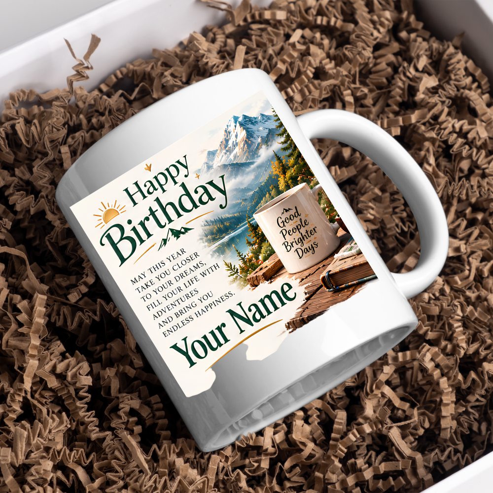 Personalised Birthday Mug "Happy Birthday" 325ml Ceramic Coffee Tea Cup – Mountain Landscape, Scenic View, Custom Name & Adventure Wish Slogan Novelty Gift for Travelers, Men, Women, Birthday – Fast Dispatch by UK Seller (M3513)