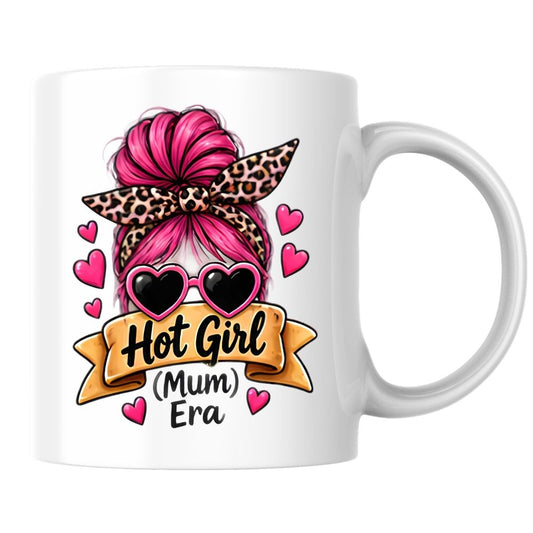 Sassy Mum Mug "Hot Girl (Mum) Era" 325ml Ceramic Coffee Mug Trendy Messy Bun Tea Cup with Leopard Bandana, Heart Sunglasses & Hearts Gift | Available in Multicolours | Fast Dispatch by UK Seller (M1306)