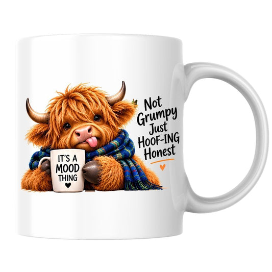 Humorous Mug "Not Grumpy Just Hoof-ing Honest" Highland Cow 325ml Ceramic Coffee Mug – Cute Animal Tea Cup with Blue Plaid Scarf & Mood Mug | Available in Multicolours | Fast Dispatch by UK Seller (M1279)