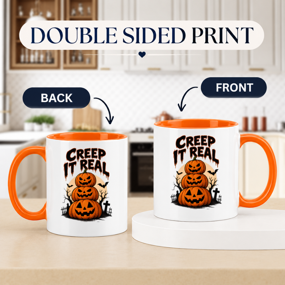 Halloween Mug "Creep It Real Stacked Pumpkins" Creep It Real Stacked Pumpkins 325ml Ceramic Coffee Mug – Funny Halloween Autumn Tea Cup with Jack O Lanterns Graveyard Bats Typography Graphic Gift | Fast Dispatch by UK Seller (M3208)