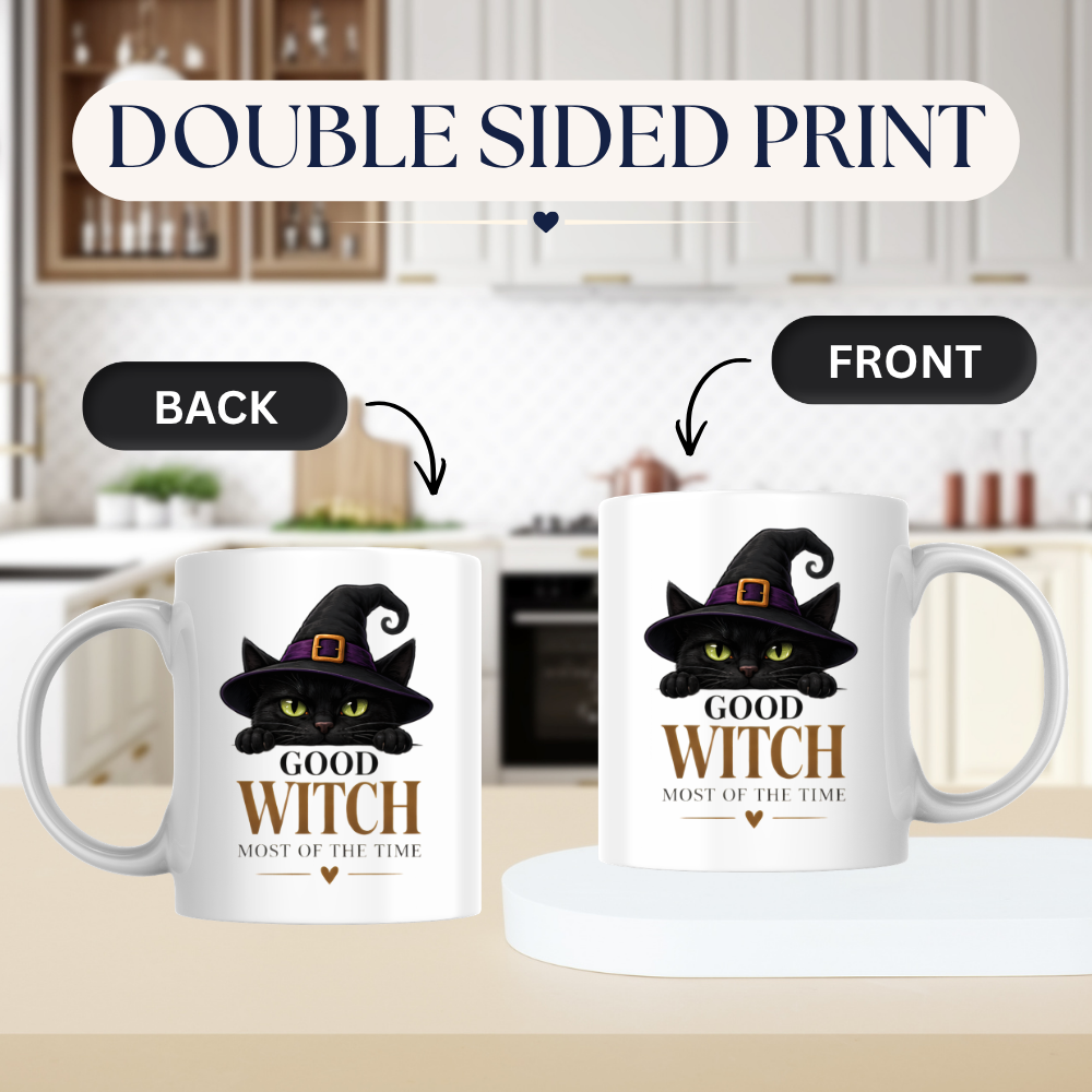 Halloween Mug "GOOD WITCH MOST OF THE TIME" Black Cat 325ml Ceramic Coffee Mug Peeking Black Cat Tea Cup with Purple Witch Hat & Heart Graphic Gift | Available in Multicolours | Fast Dispatch by UK Seller (M3079)