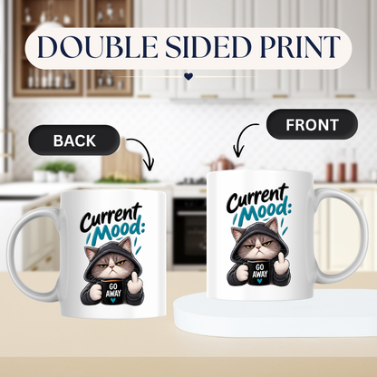 Sarcastic Mug "CURRENT MOOD: GO AWAY" Hooded Cat 325ml Ceramic Coffee Mug Novelty Grumpy Cat Tea Cup with Middle Finger & "GO AWAY" Mug Graphic Gift | Available in Multicolours | Fast Dispatch by UK Seller (M3087)