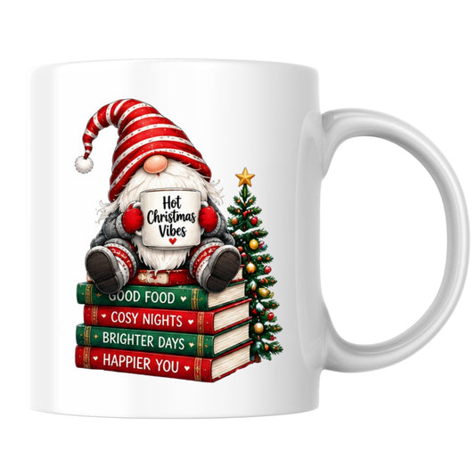 Cozy Mug "Hot Christmas Vibes" Gnome 325ml Ceramic Coffee Mug Festive Winter Holiday Tea Cup with Stack of Books & Striped Hat Gift | Available in Multicolours | Fast Dispatch by UK Seller (M1255)