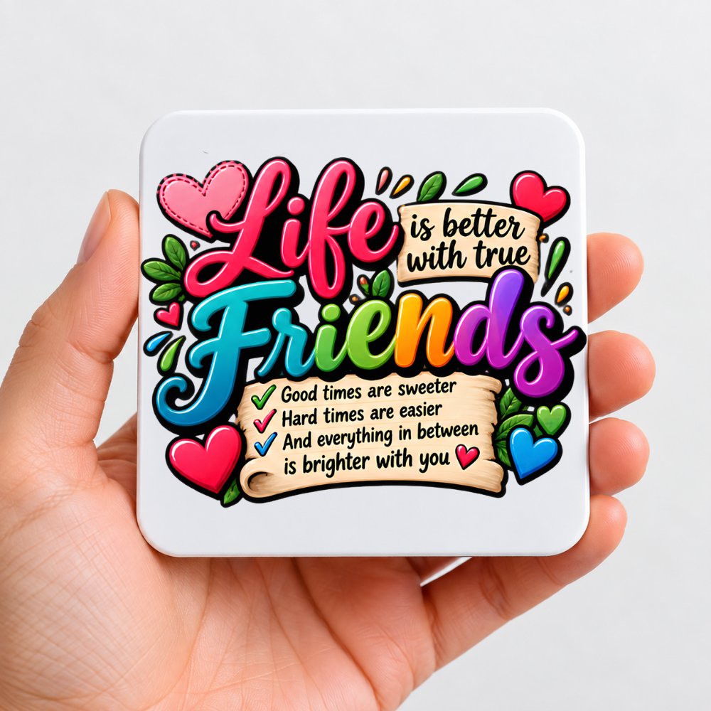 Best Friends Coaster "Life Is Better With True Friends Good Times Are Sweeter Hard times Are Easier And Everything in Between Is Brighter With You" Graphic Hardboard 9x9cm Drinks Mat – Colorful Quotes Tableware Gift | Fast Dispatch by UK Seller (C3071)