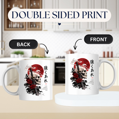 Inspirational Japanese Samurai Skull Mug "PAIN SHAPES A Stronger You" Katana & Red Sun 325ml Ceramic Coffee Mug – Aesthetic Resilience Tea Cup With Kanji Spider Lily Graphic Gift | Available in Multicolours | Fast Dispatch by UK Seller (M3047)