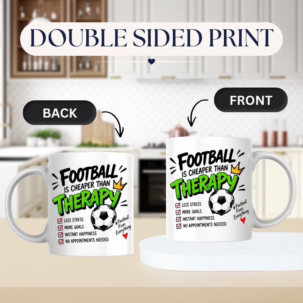Football Mug "FOOTBALL IS CHEAPER THAN THERAPY" Crown Football 325ml Ceramic Coffee Mug Sporty Therapy Checklist Tea Cup with "#FootballFixesEverything" Graphic Gift | Available in Multicolours | Fast Dispatch by UK Seller (M3095)