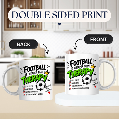 Football Mug "FOOTBALL IS CHEAPER THAN THERAPY" Crown Football 325ml Ceramic Coffee Mug Sporty Therapy Checklist Tea Cup with "#FootballFixesEverything" Graphic Gift | Available in Multicolours | Fast Dispatch by UK Seller (M3095)