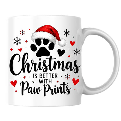 Festive Mug "Christmas is Better with Paw Prints" Santa Hat 325ml Ceramic Coffee Mug Cute Winter Holiday Tea Cup with Dog & Cat Paw, Hearts and Snowflakes | Available in Multicolours | Fast Dispatch by UK Seller (M1273)