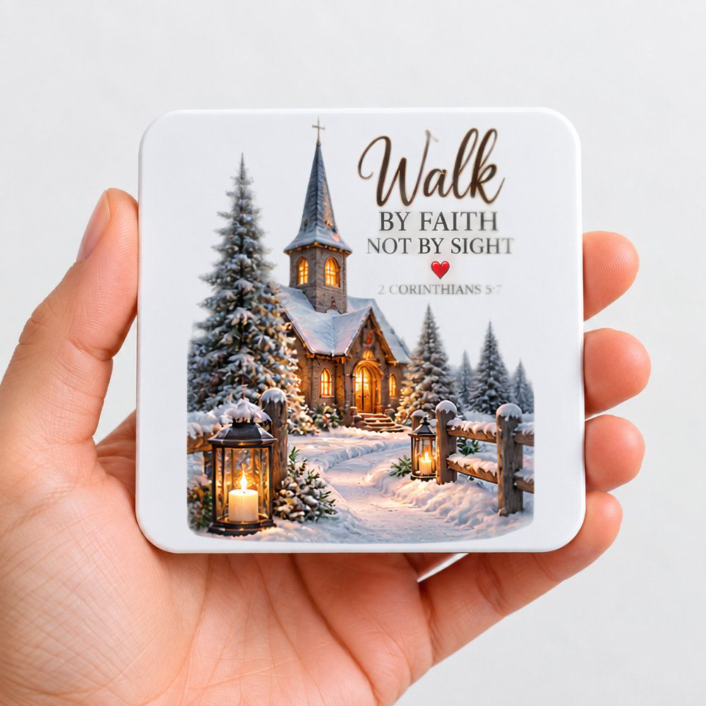 Inspirational Religious Hardboard Coaster "Walk By Faith Not By Sight" Graphic 9cm x 9cm Square Drinks Coaster “Snowy Winter Church Village with Illuminated Lanterns Novelty Mat | Christian Glossy Gift | Fast Dispatch by UK Seller (C3051)